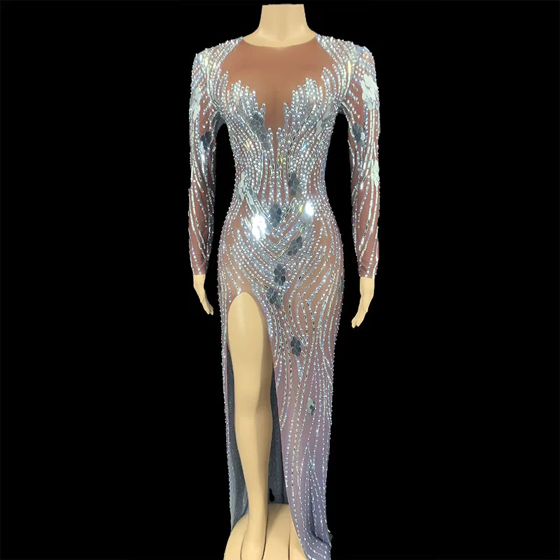 

Silver Mirror Stones Dress Sexy Transparent Evening Long Dress Birthday Celebrate Mesh Outfit Dancer Singer Costumes