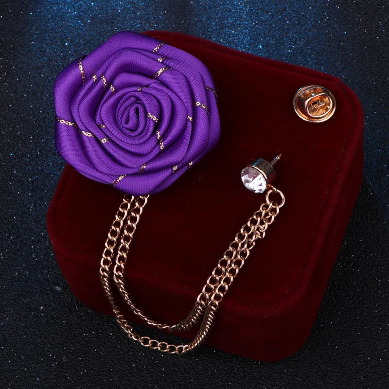 Korean Style Handmade Rose Flower Brooch Pin for Men Wedding Groomsmen Tassel Chain Lapel Accessory Cloth Art Suit Badge