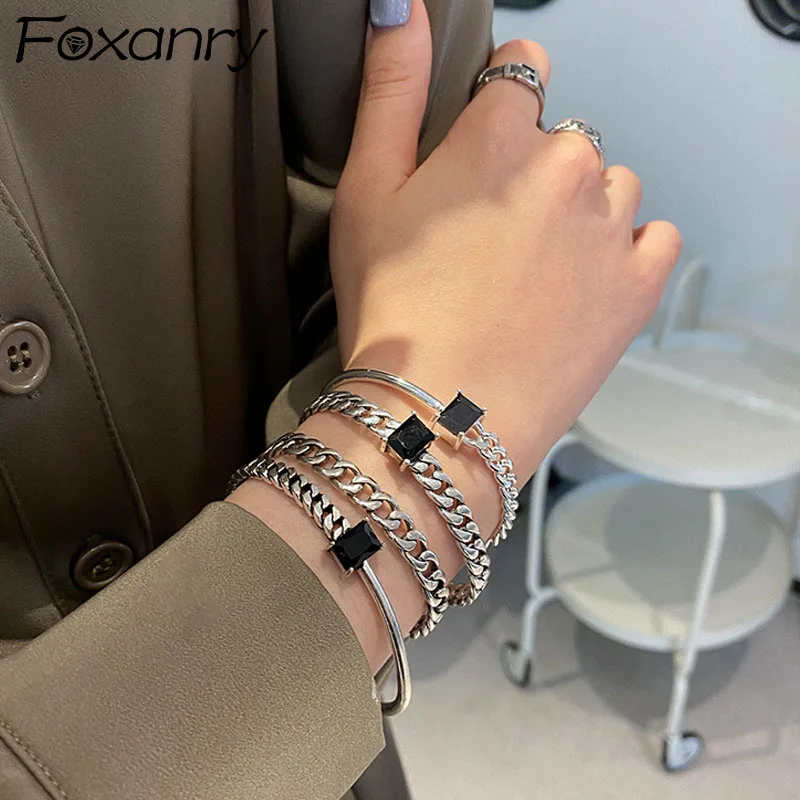 FOXANRY Silver Color Bracelets for Women Fashion Hip Hop Vintage Creative Chain Black Zircon Bangles Party Jewelry Gifts