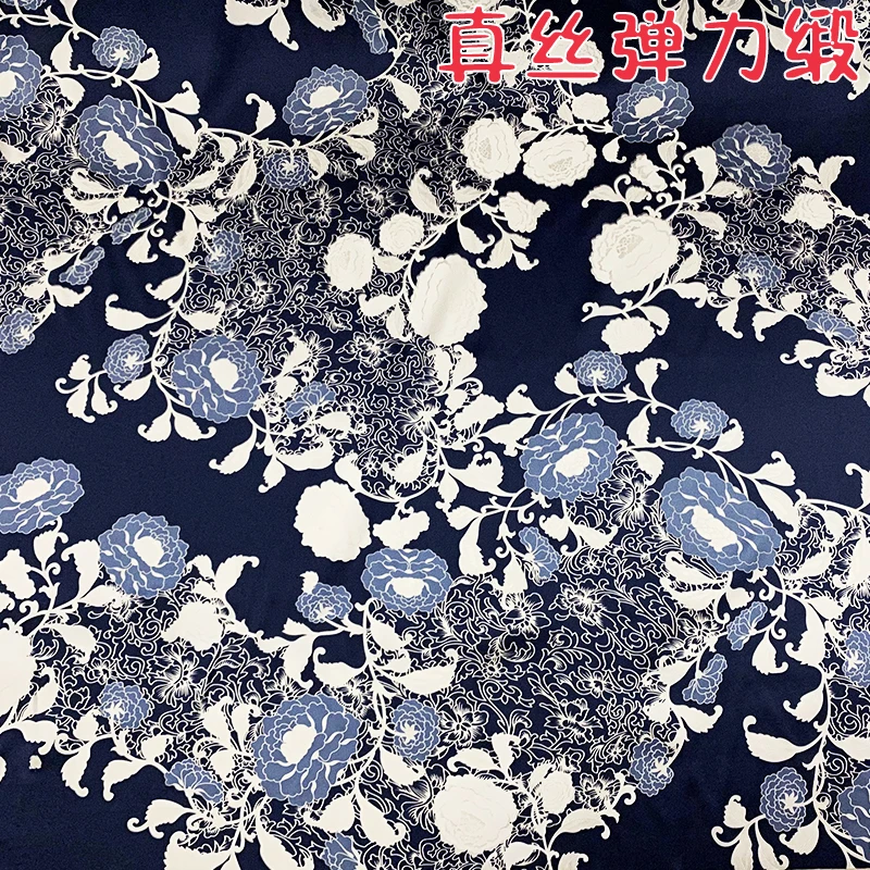 Peony Printing Digital Spray/Painting of Mulberry Silk Fabrics 19 momme Stretch Silk the chinese Dress Fabric