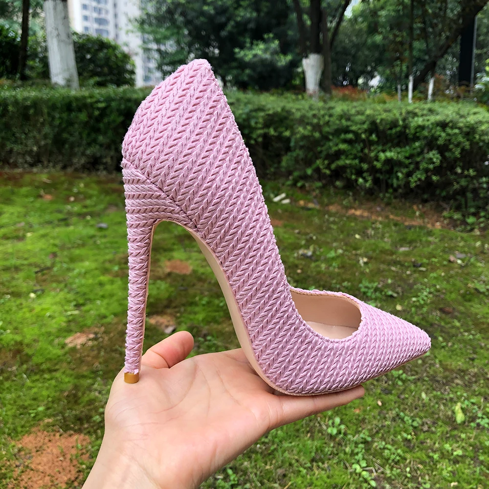 Tikicup Pink Women Woven Fabric Pointed Toe Stiletto Pumps Ladies Wedding Bridemaids Shoes 8cm 10cm 12cm High Heels Size 33-45