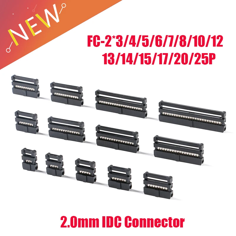 5PCS 2.0 FC-6-50Pin 8P 10P 12P 14P IDC Socket Pin Dual Row Pitch 2.0mm IDC Connector Cable Socket Plug Ribbon Cable Connector