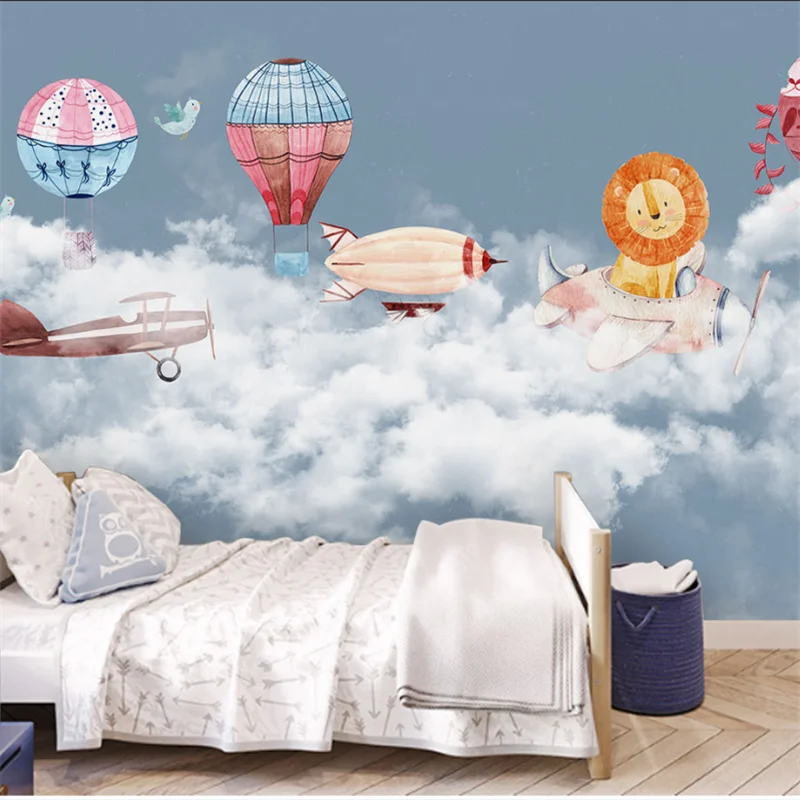 wellyu Custom mural modern Nordic minimalist hand-painted hot air balloon airplane bedroom cartoon children's room wallpaper