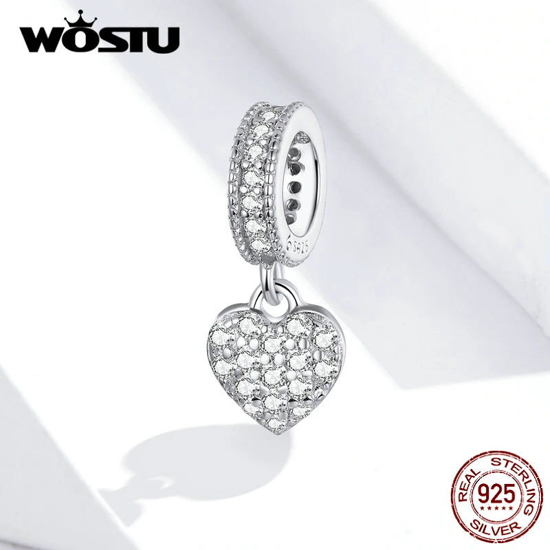 WOSTU Shiny Zirconia Charm 100% 925 Sterling Silver Heart Star Round Bead Pendant Fit Original Bracelet DIY Jewelry Accessories