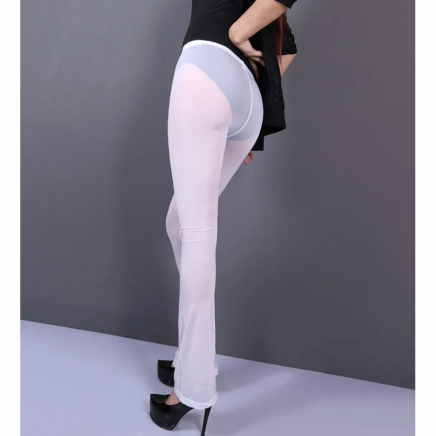 Ice Silk Transparent Hot Exotic Flare Pants Pole Dance Night Clubwear Fitness Legging Sexy See Through Leggings Women Trousers