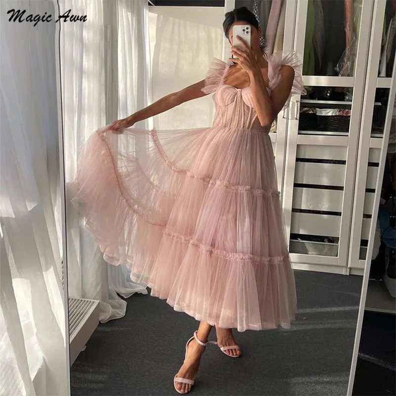 Magic Awn Simple Pink Short Prom Dresses Spaghetti Straps Tiered Tulle Tea-Length Wedding Party Dress Evening Wear Robes