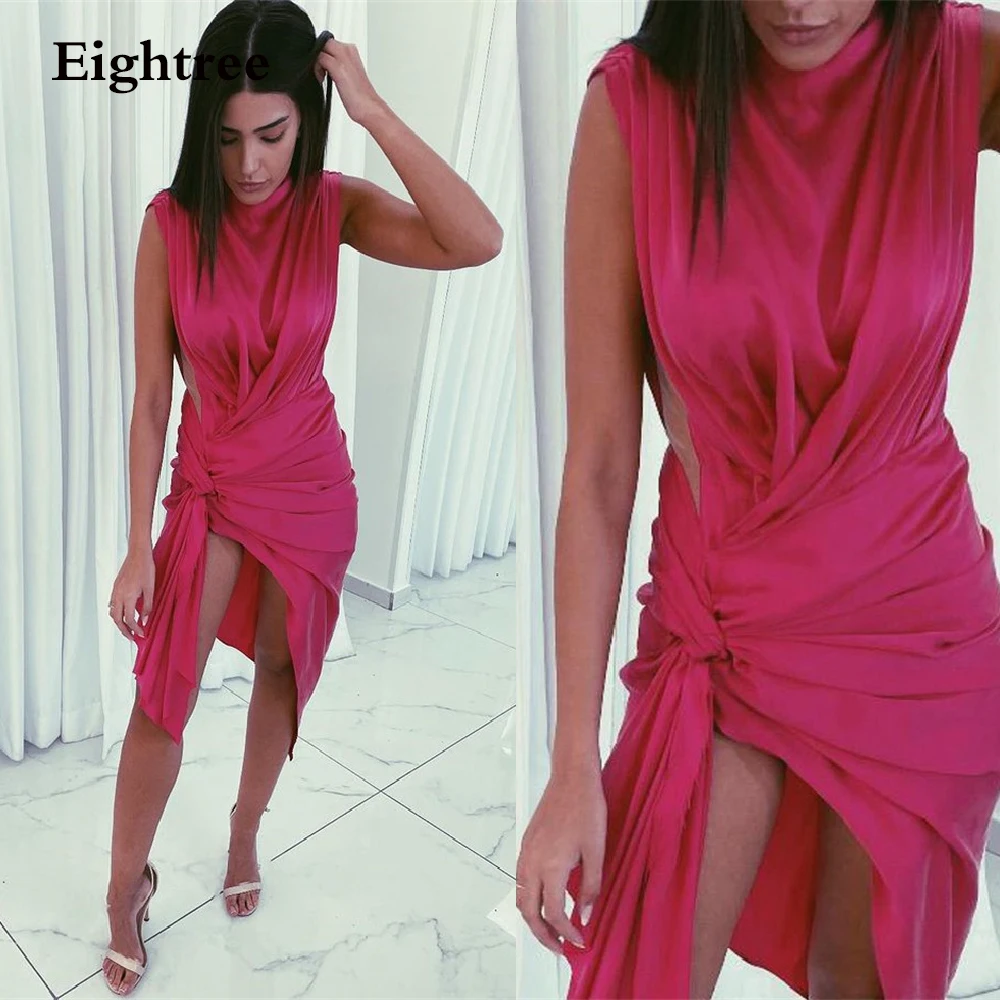 

Fuchsiai Hot Mini Short Evening Party Dresses O Neck Side Slit Sleeveless Mini Night Prom Gowns Club Formal Dress Robe de mariee