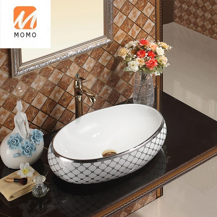 Golden Color Wash Basin Plated Golden Countertops Ceramic Plated Bathroom Sink