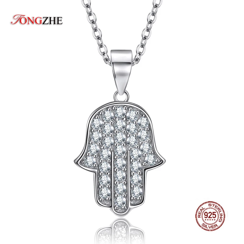 

TONGZHE Long 925 Sterling Silver Jewelry Hand of Hamsa Pendant Necklace CZ Good Luck Necklace Hand Of Fatima Necklace Women