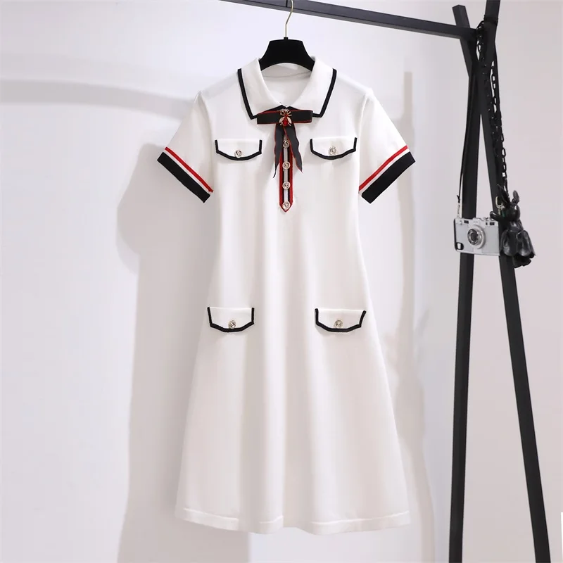 Summer New Kint Elegant Vintage 90S Party Dress Short Sleeve Bow Turn Down Collar Black White Dresses For Women Work Clothing