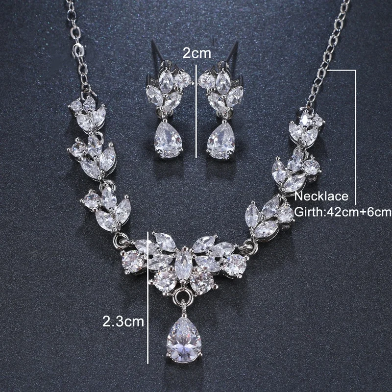 Ekopdee Luxury Brilliant Leaf Jewelry Set For Women Zircon Silver Color Wedding Bridal Necklace Earrings 2021 New Parure Bijoux