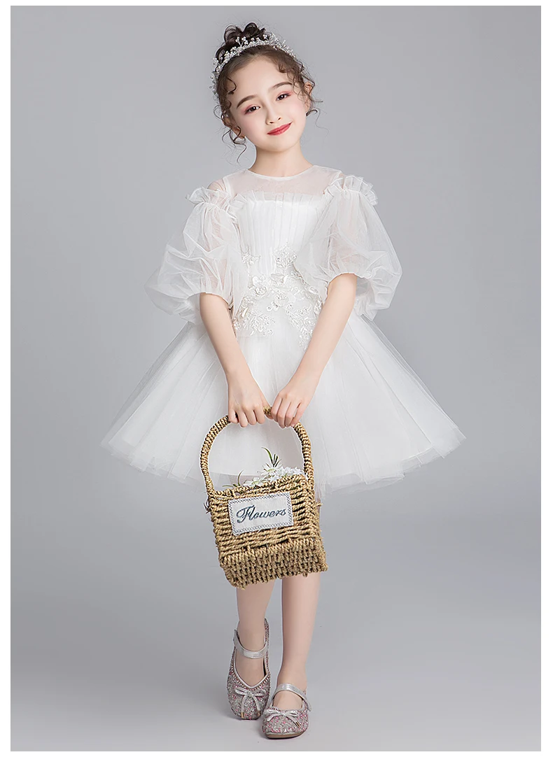 White Tulle Embroidery Flower Princess Girl Dress Half Sleeve Wedding Birthday Party Dress Toddler Girls Pageant Communion Gowns