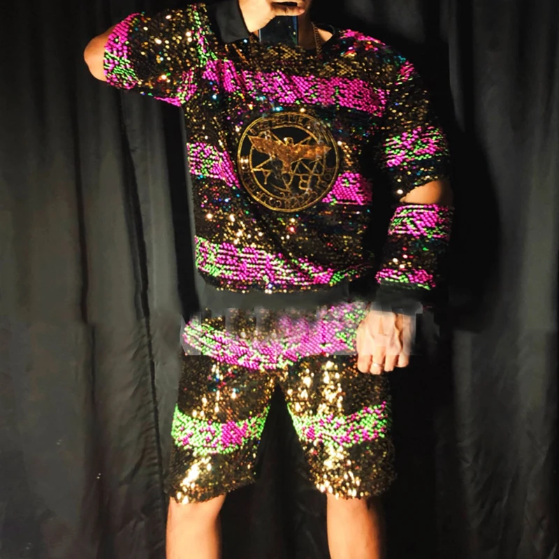 2 Pieces Shiny Sequins Hiphop Suit Colorful Jazz Top Shorts Men Nightclub Bar Dj Ds Tide Rock Stage Performance Clothes XS2312