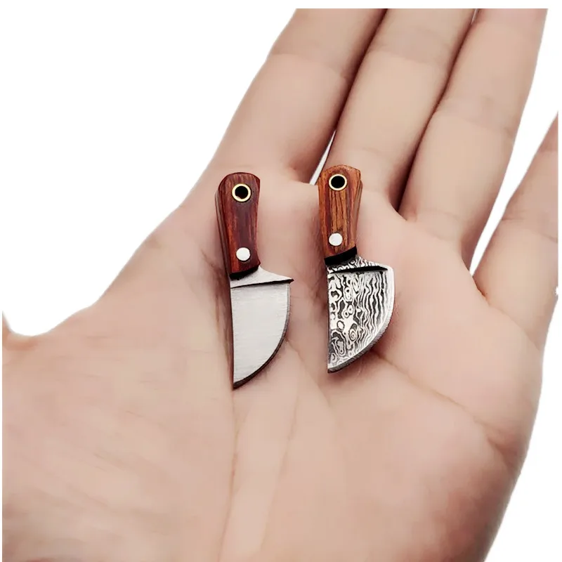 MINI Portable Damascus Keychain Knife kitchen EDC Fixed Blade Cutter Knife Sharpen Blade Straight Knife Key Pendant