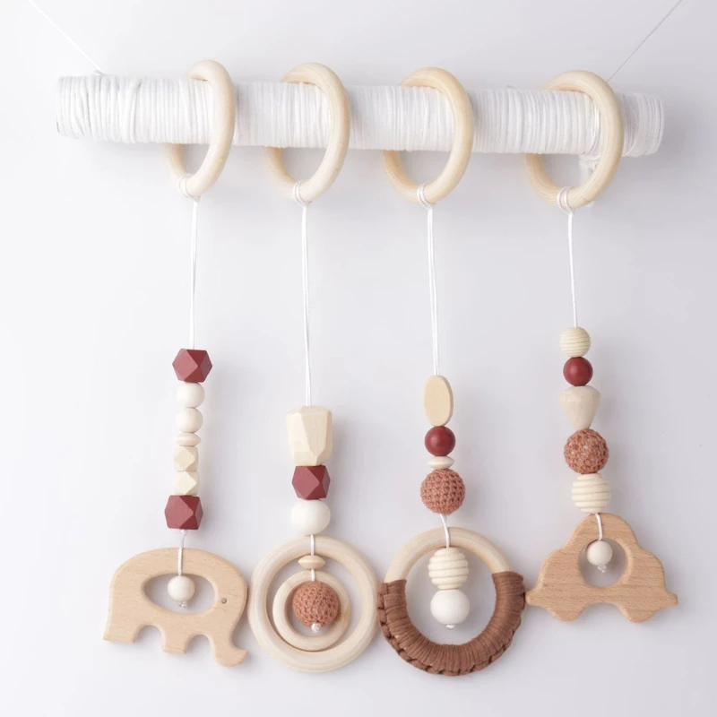 4 Pcs/Set Baby Gym Frame Pendants Crochet Rattle Wooden Teether Infant Newborn Teething Nursing Toys Shower Gifts Room Decor