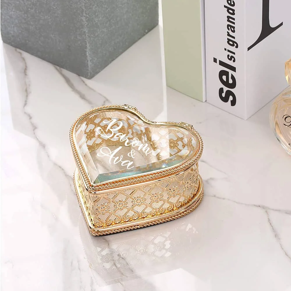 Personalized Heart Shape Vintage Engagement Wedding Ring Box DIY Engagement Glass Box Wedding Gift Jewelry Box Valentine's Gift