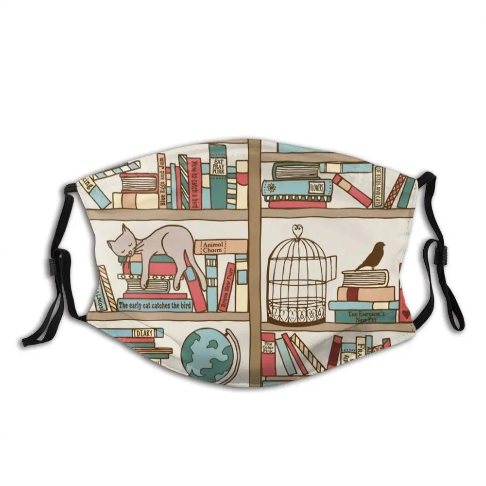 Bookshelf No.2 Print Washable Filter Anti Dust Mouth Mask Cat Sleeping Books Bookshelf Hand Drawn Pattern Reading Writer Novel