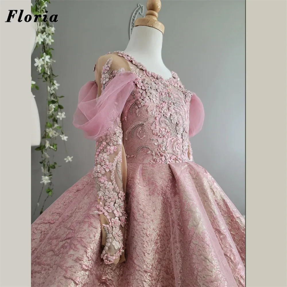 Luxury Long Ball Gown Flower Girls Dresses Wedding Party Gowns Vestidos Kids Pageant Dress Pearls Appliques Girl Communion Dress