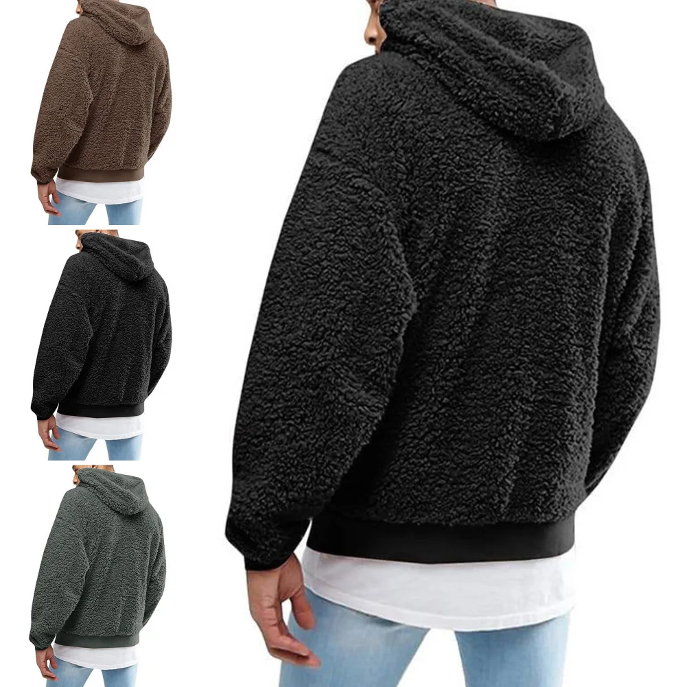 Winter Men\'s Solid Color Fluffy Wool Hooded Coat Pullover Warm Sweatshirt Velvet Fleece Hooded Men\'s Sweater