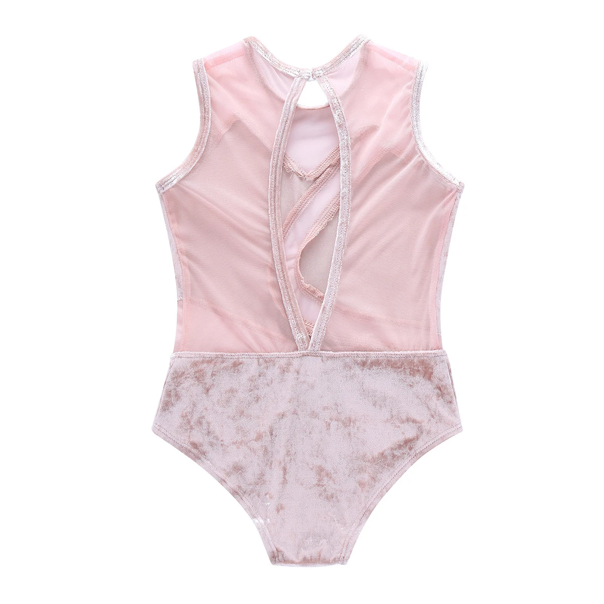 Girls Sleeveless Soft Pleuche Mesh Splice Gymnastics Leotard One-Piece Cutout Back Gymnastics Jumpsuit Child Kids Dance Wear