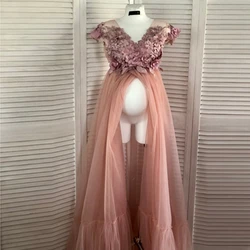 Charming Peach Pink 3D Flowers Maternity Dress Sexy Front Split Floral Maternity Gowns For Photography V Neck Pearls Cheap Dress