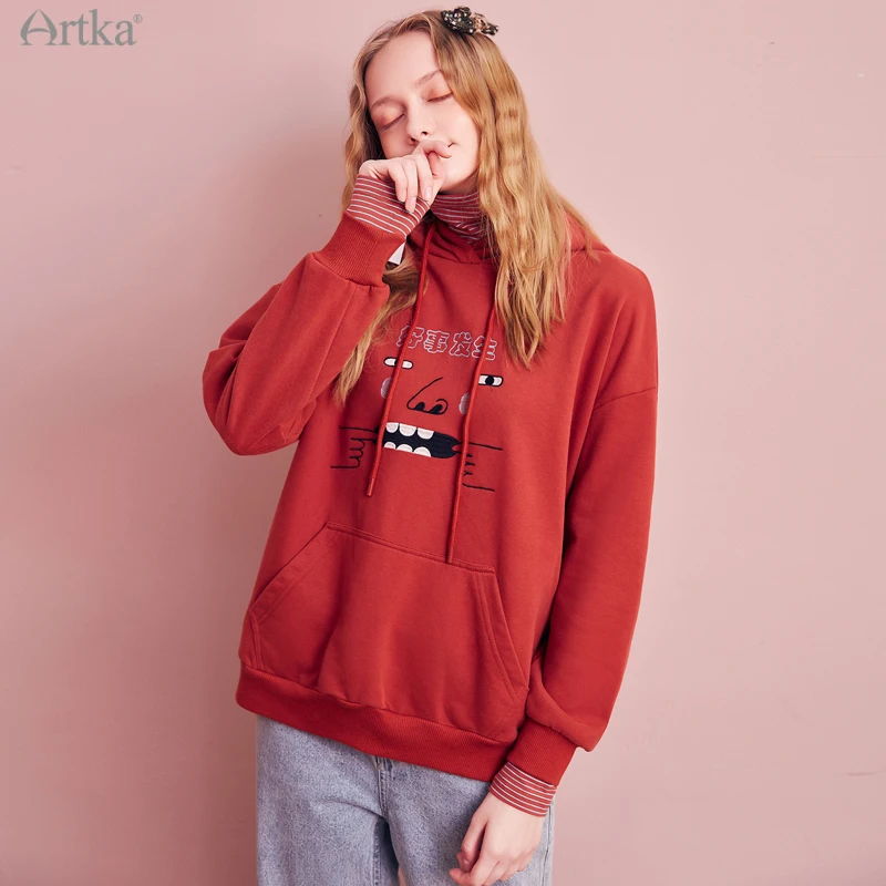 ARTKA 2020 Winter New Women Sweatshirt Fashion Casual Fake Two Piece Hooded Sweatshirts Thicken Fleece Warm Red Hoodies VA20002D