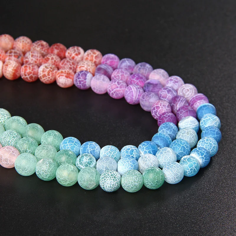 Natural Stone Multicolor Matte Frost Cracked Dream Fire Dragon Veins Agates Round Beads for DIY Handmade Healing Bracelet 15