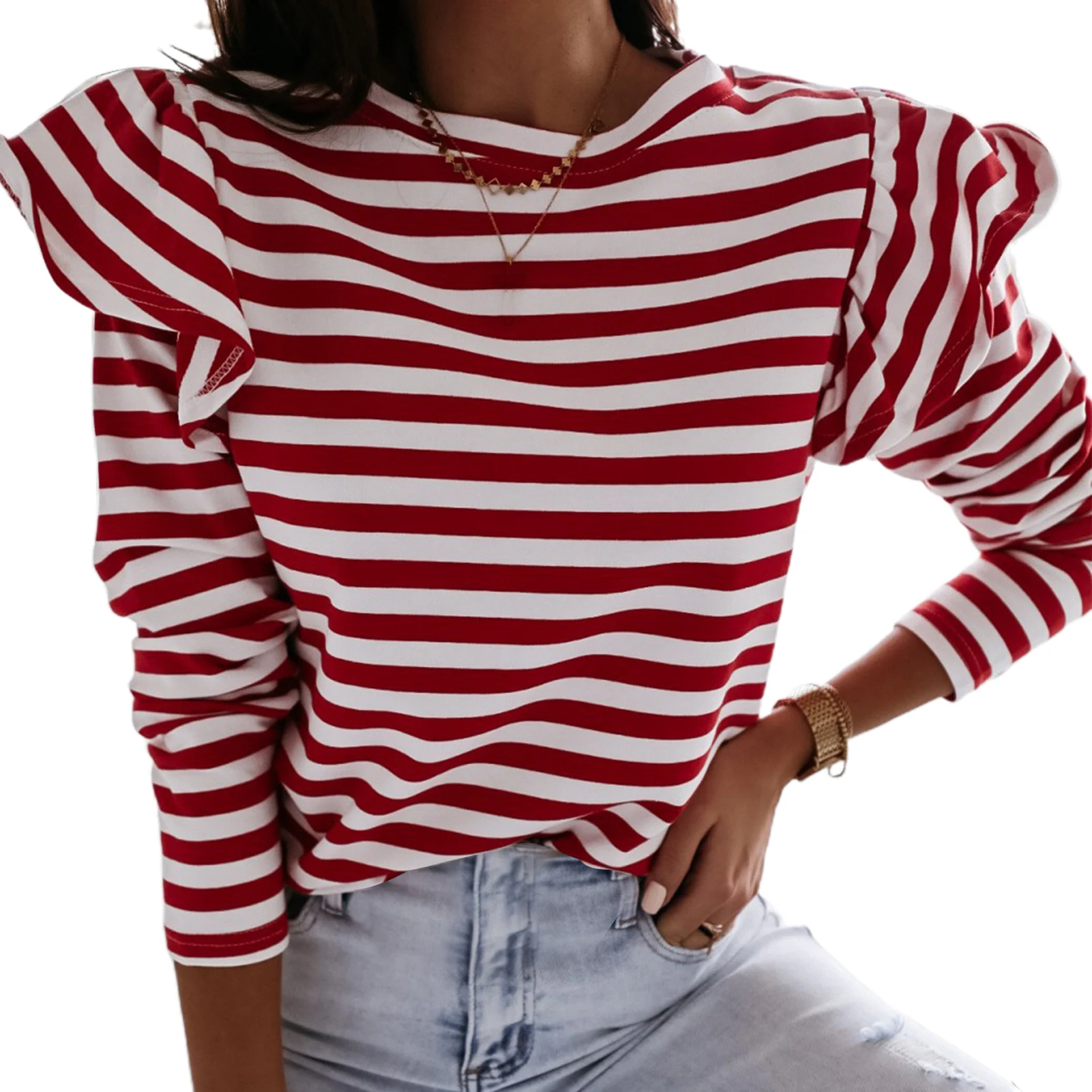 Striped T shirt for Women Autumn Long Sleeve Tshirt Pullovers Women Casual Ruffled O Neck Tshirts Jumpers Top femme t-shirts