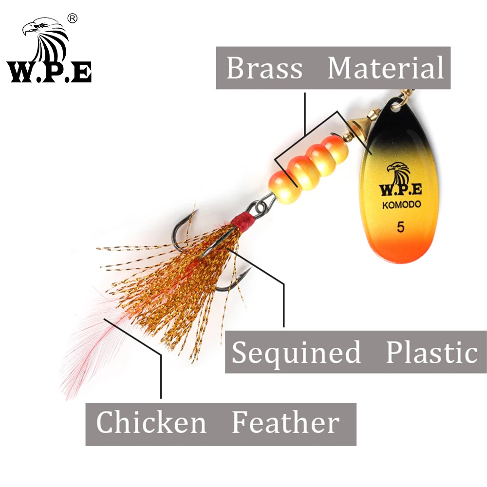 W.P.E-señuelo de pesca giratorio, 14g/22g, cuchara, pluma, aparejos de pesca de Metal, anzuelo triple de 15 colores, cebo duro, pesca de carpa, 1 ud.