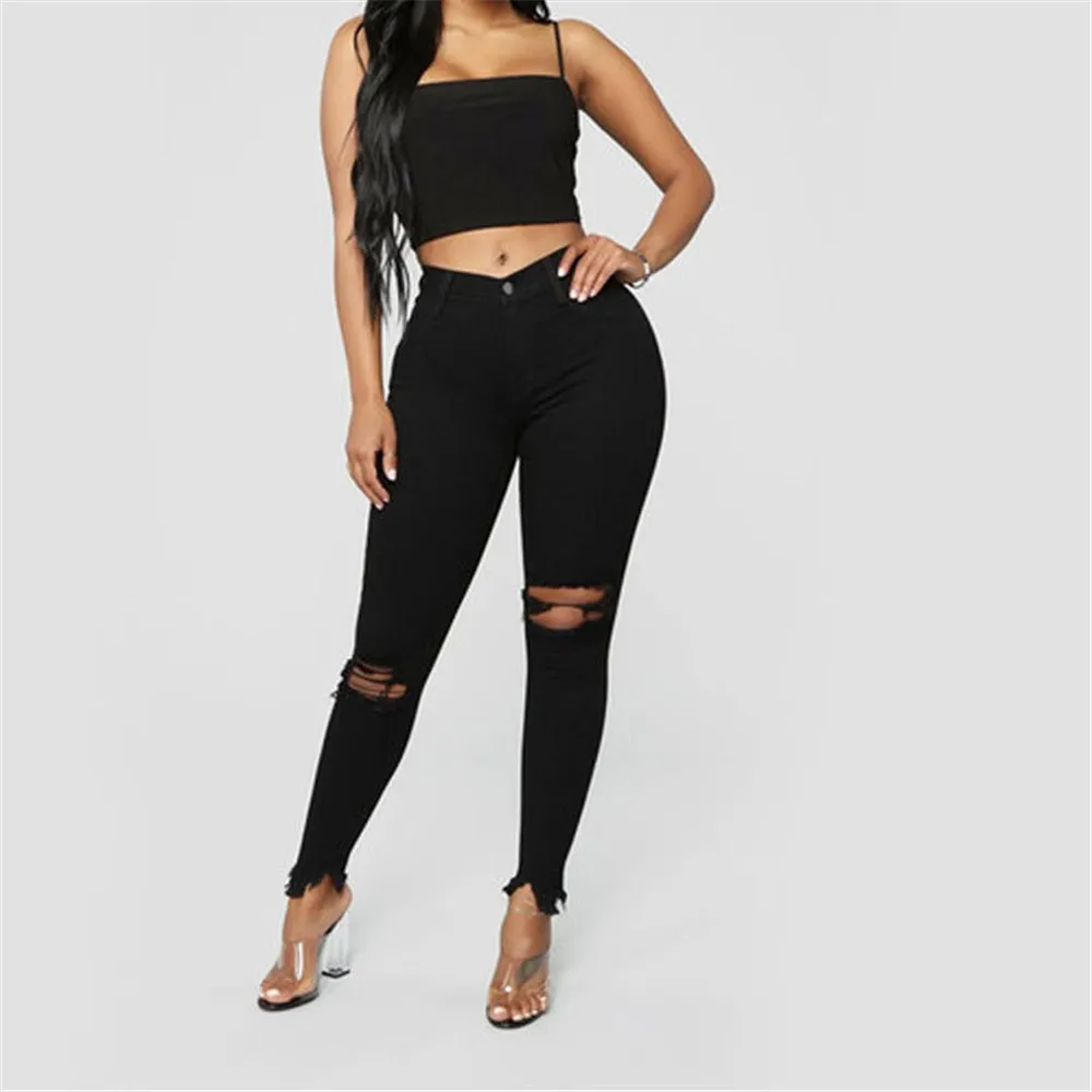 Jeans Robek Hitam dan Putih untuk Wanita Jeans Denim Ramping Celana Pensil Skinny Kasual Pakaian Wanita Mode S-3XL Drop Shipping