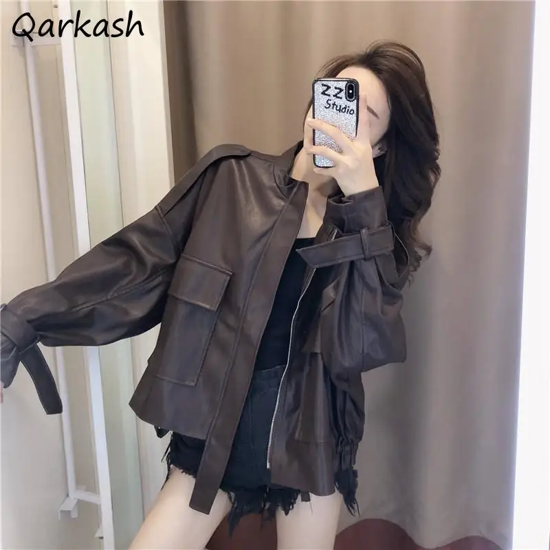 Basic Jackets Women PU Design Clothing Outwear Elegant Simple Solid Pockets Autumn Streetwear Baggy Female Trendy Ulzzang Chic