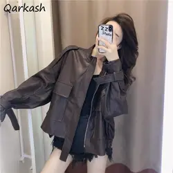 Basic Jackets Women PU Design Clothing Outwear Elegant Simple Solid Pockets Autumn Streetwear Baggy Female Trendy Ulzzang Chic