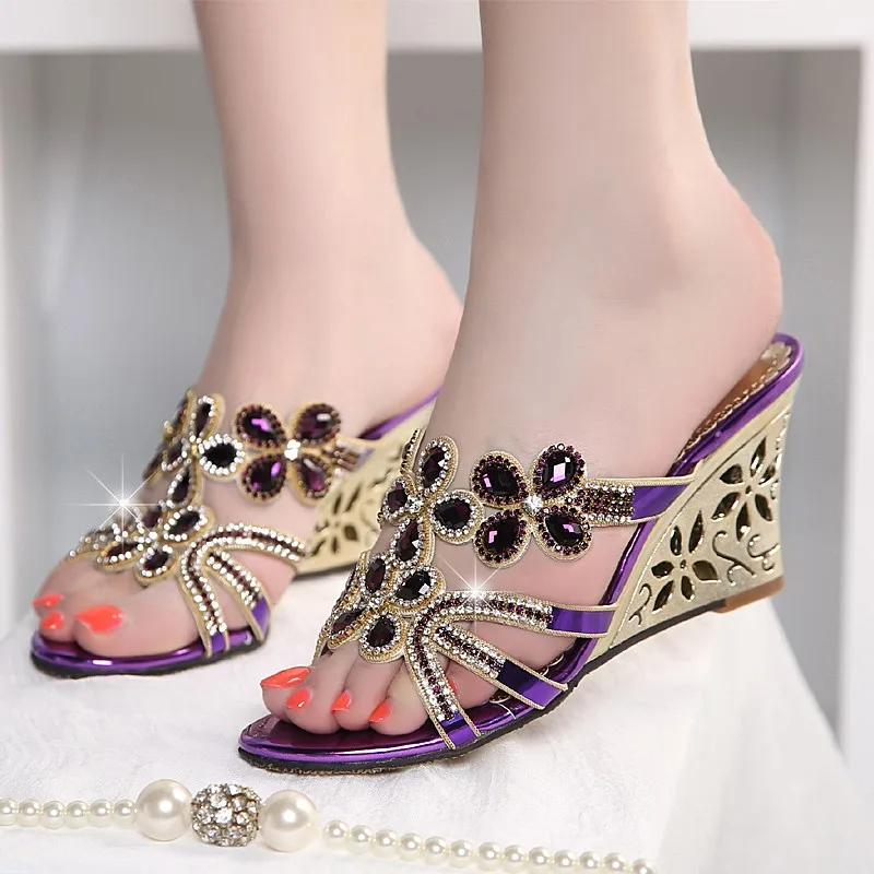 Women Summer New Wedges High Heels Rhinestone Flowers Fashion Slippers Fretwork Shoes Big Small Size Sexy Slides Sandals C0054