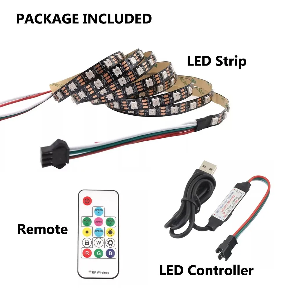 

USB RGB WS2812 LED Strip 60LED/m 30LED/M SMD5050 Addressable LED Pixel Tape 14 Keys Remote Controller DC5V Full Dream Color RGB