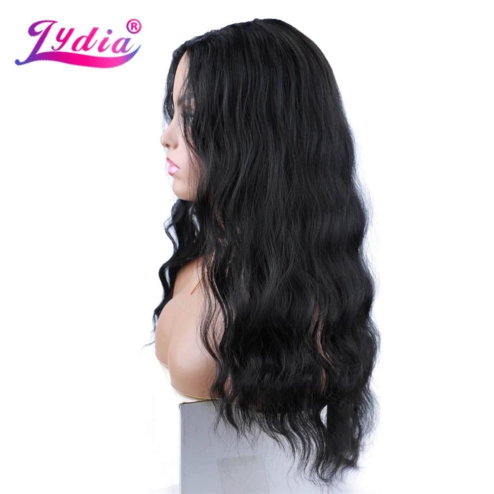 Lydia Long Wave U Teil schwarze Farbe Haar Perücke hitze beständige synthetische 22 Zoll für Frauen Damen lockige 60cm tägliche Perücken – Detail 4