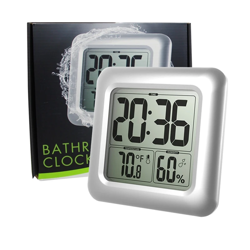 Baldr Digital Bath Thermometer Hygrometer Clock Time Hotel Waterproof Big LCD Suction Cups Shower Kitchen Table Wall Clock Watch