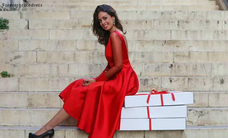 Vestido de cóctel rojo de manga larga, línea A, cuello de Joya, corto para Juniors, dulce 15, fiesta de graduación, talla grande, barato