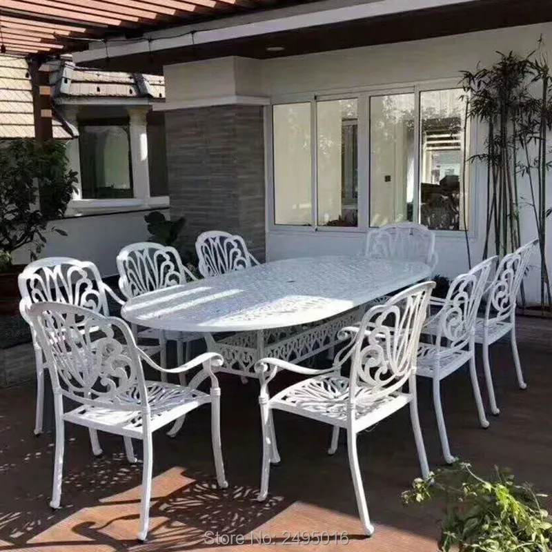 

9pcs/set outdoor furniture solid-cast dining set oval large table and 8 chairs in the yard ,garden ,patio,swing pool dining sets