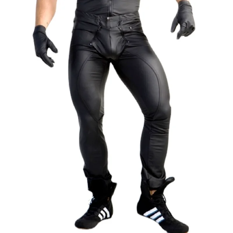 New Sexy Men PU Leather Zipper Open Crotch Erotic Latex Pants PU Night Club Men Straps Trousers Gothic Punk Fetish Club Wear