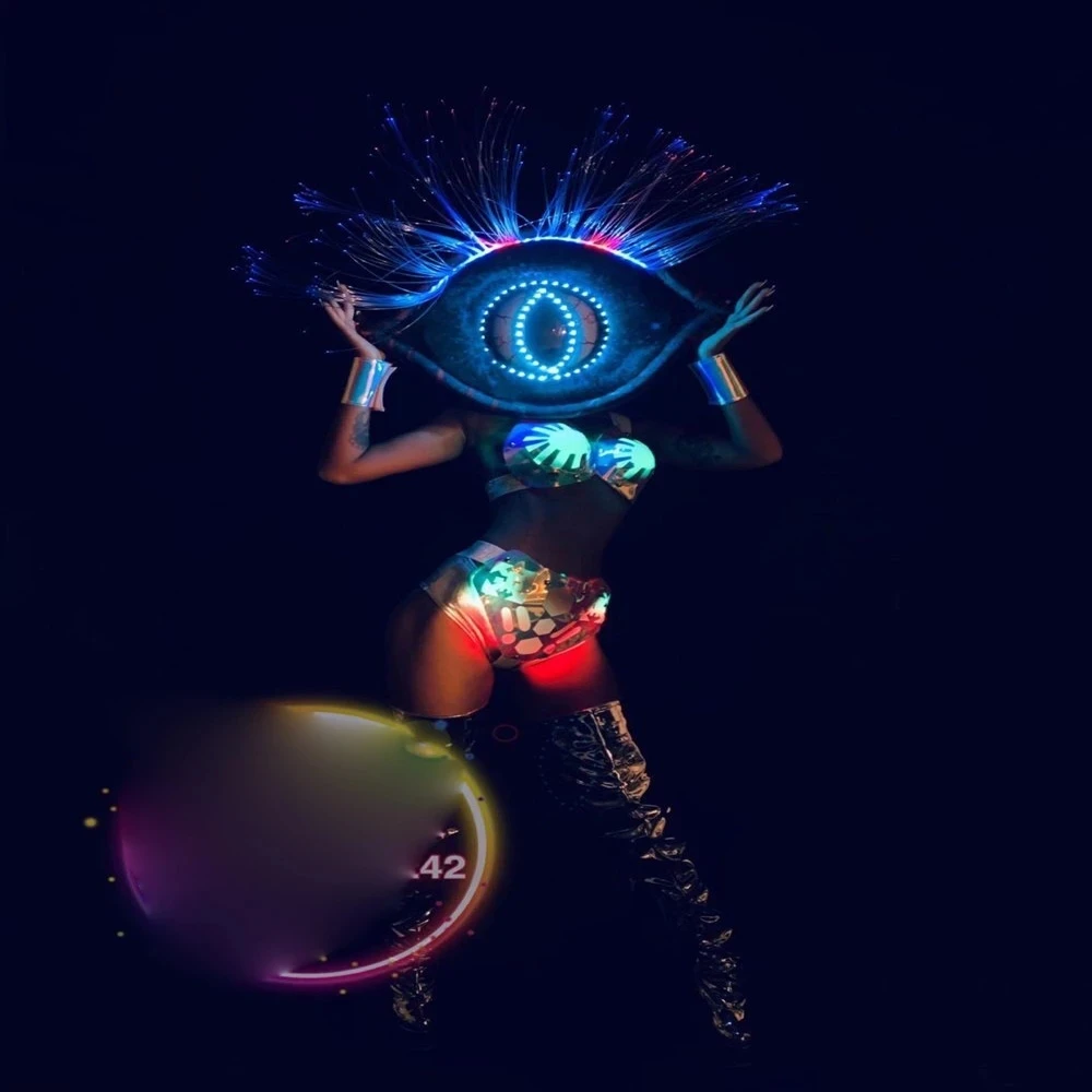 Light Up Monster Eye Stage Traje, Lumious LED Eyeball Chapelaria, Chapelaria Futuro, Futuro Traje De Dança