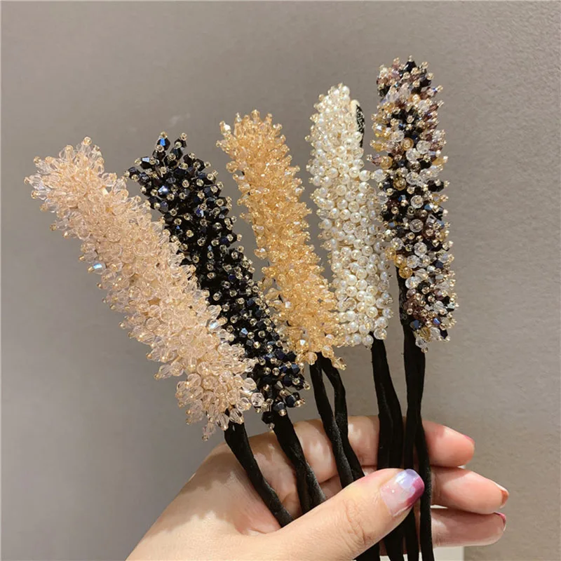 Lady Pearl Crystal Hair Pin Foldable Hair Rope Wedding Banquet Party Hair Accessories Fixed Hair Women  Jewelry Hair Pin