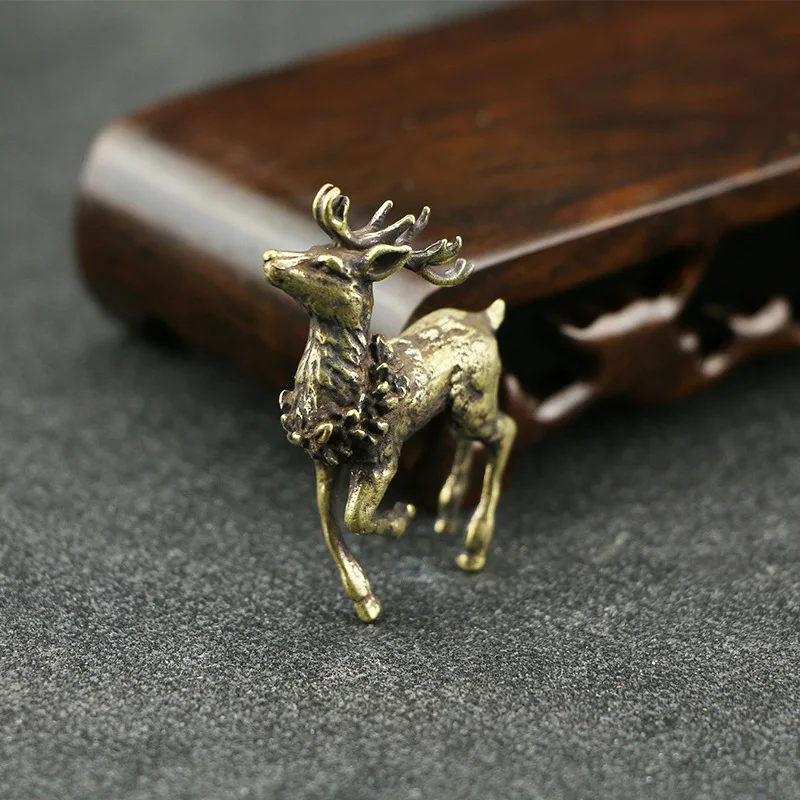 Antique Copper Deer Micro-carved Figurines Miniatures Office Desktop Ornaments Pure Brass Animal Copperware Feng Shui Home Decor