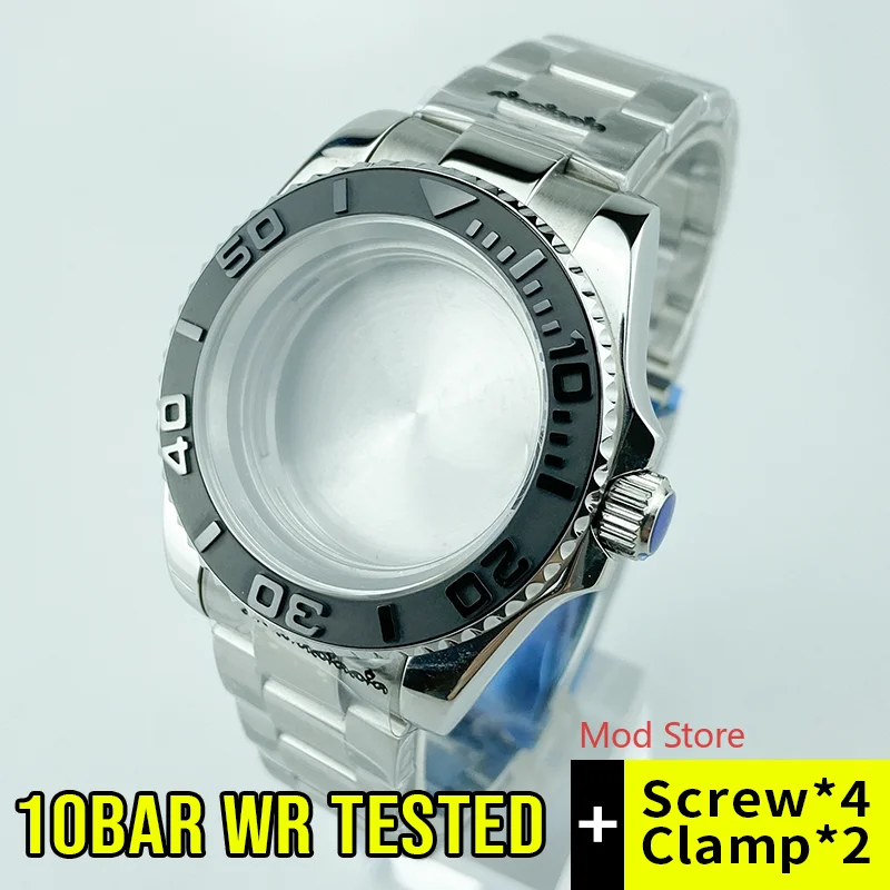 

100M WR 40mm Black Bezel Sapphire Crystal Watch Case Polished Center Stainless Steel Bracelet For Miyota82 Yacht Master Style