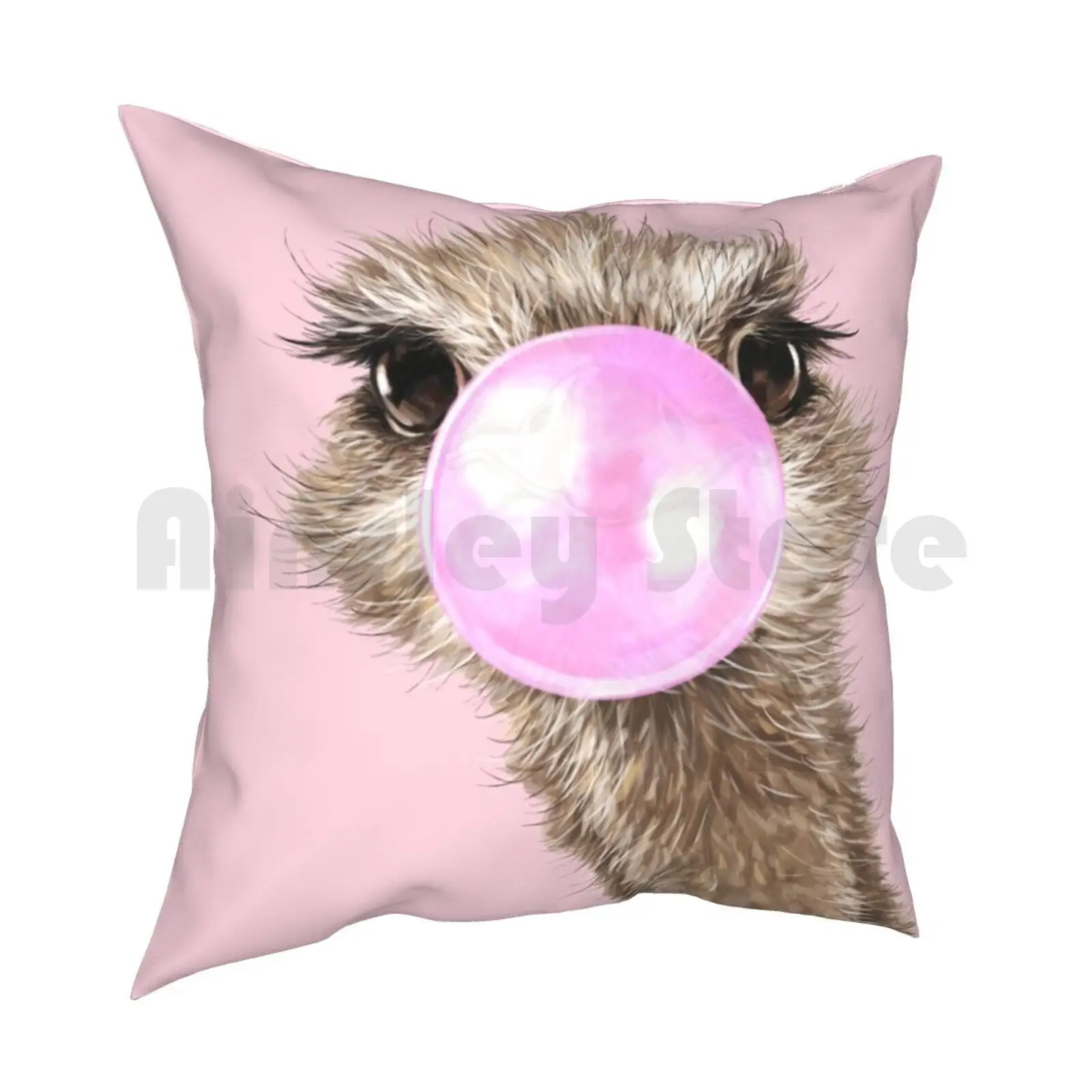 Sneaky Ostrich With Bubble Gum In Pink Pillow Case Printed Home Soft Throw Pillow Animal Animals Bird Cute Adorable