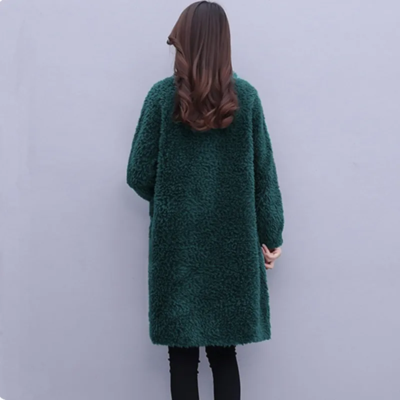 UHYTGF Elegant Mother Winter Fur Jacket Fashion Single-Breasted Loose Big Size Coat Mid-Length Casual Warm Women Outerwear 1994