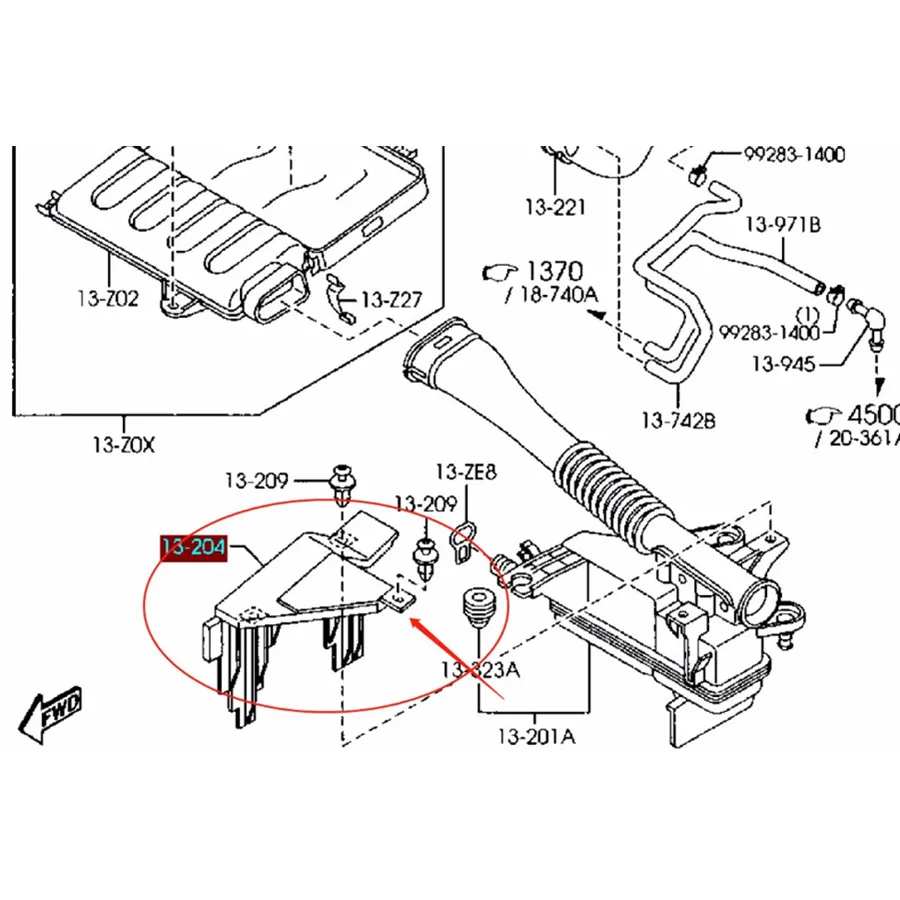 Car engine parts air intake baffle plastic support bracket Z601-13-204 for Mazda 3 BK 2003-2009 1.6 engine