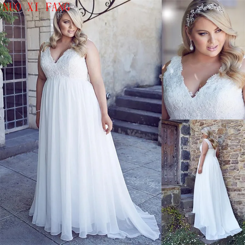 Customized White Plus Size Chiffon Applique Lace Beach Wedding Dresses Women Corset Back Empire Bridal Gown Long Robe De Soiree