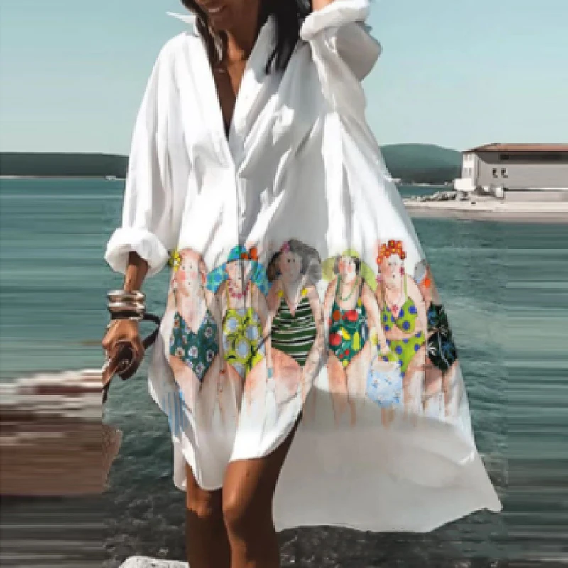 Plus Size Beach Shirt Dress Women Print V-neck Long Sleeve Loose Dress Bohemian Beach Party Vestidos Robe Sundress