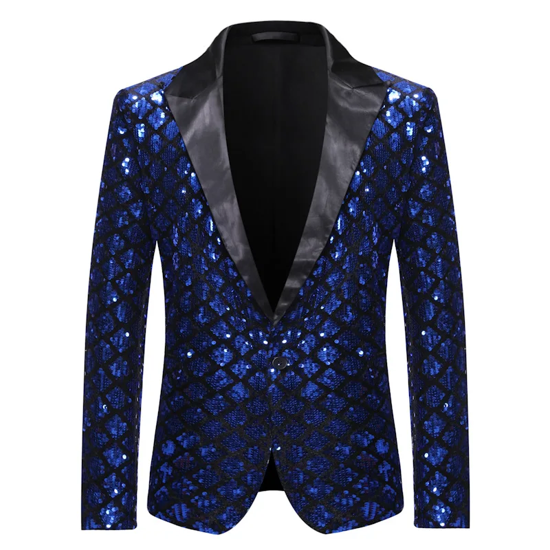 

Shiny Royal Blue Sequin Glitter Blazer Men Party Nightclub Prom Mens Blazer Jacket DJ Nightclub Stage Singers Costume Homme XL