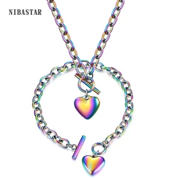 Stainless Steel Heart Necklace Bracelet Set For Women Girl OT Buckle Toggle Chain Jewelry Set Accessories 2022 New